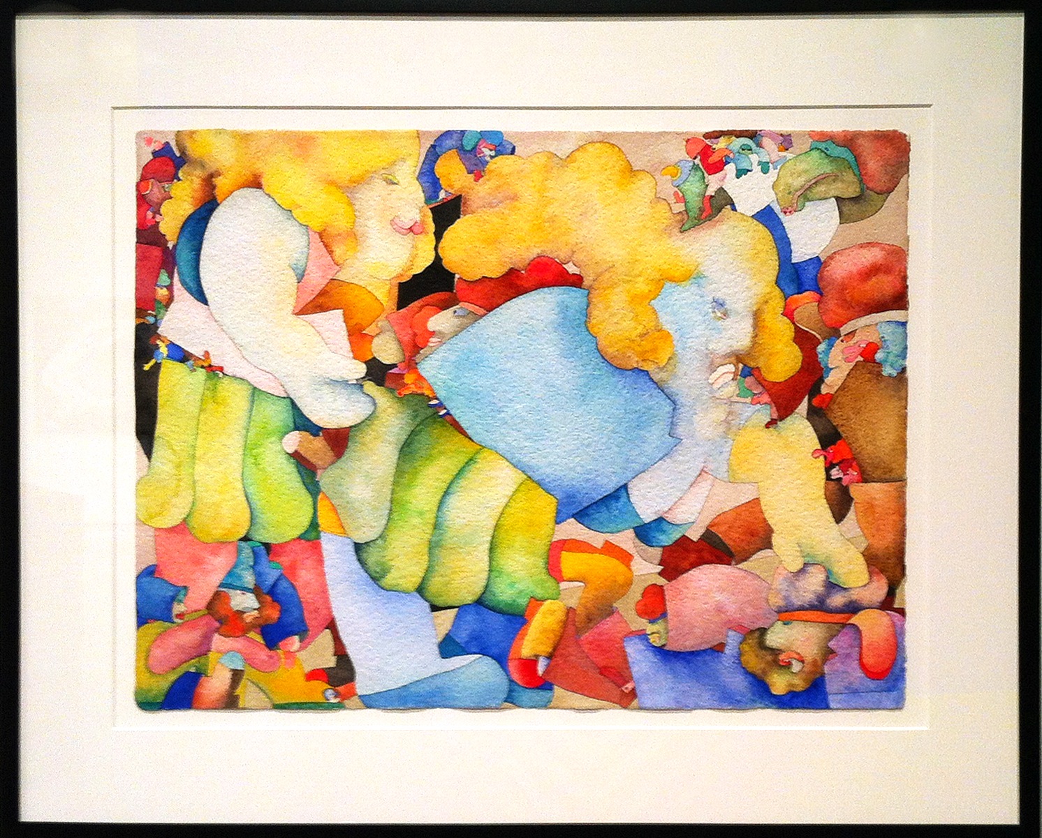 Colorful abstract watercolor painting shows 2 abstract people with multiple appendages grabbing a crowd of people.