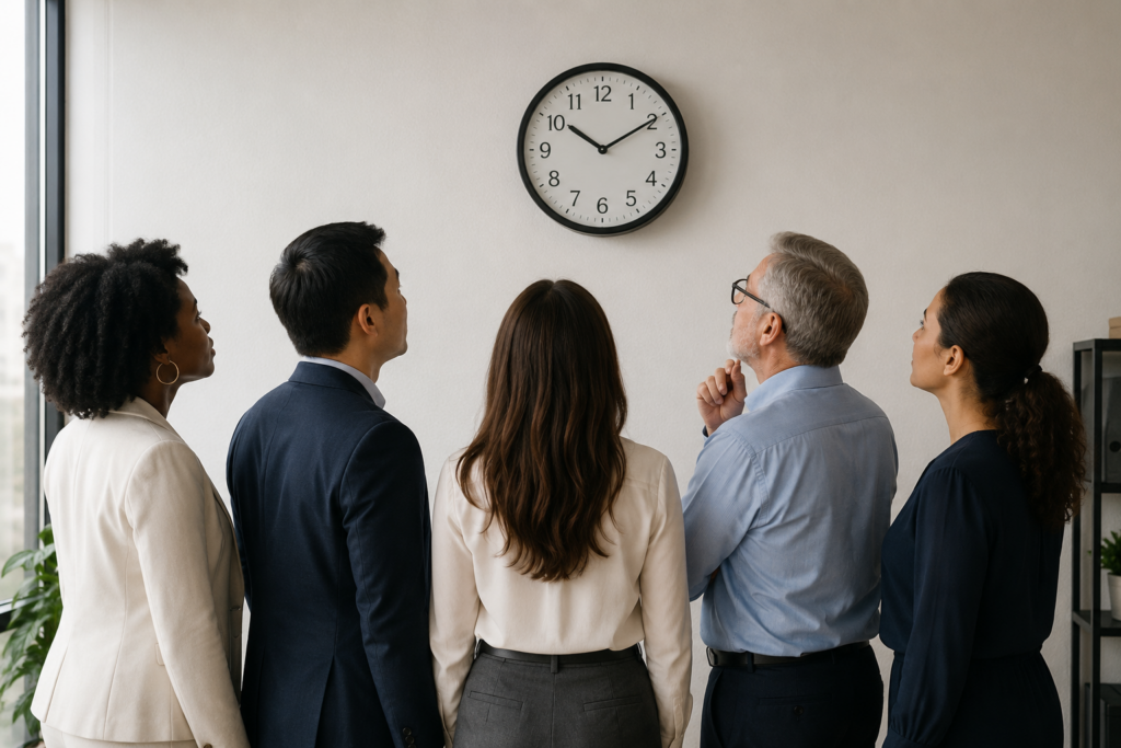 Five adults in professional attire face away and look at a round analog clock hanging on the wall. The clock reads 10:10.