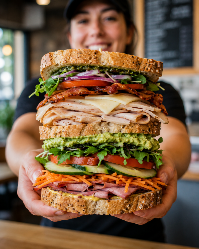 A young woman wearing a visor holds out a tall club sandwich on wheat bread with a menu board in the background. The sandwich is layered with lettuce, onions, tomatoes, bacon, cheese, turkey, guacomole, lettuce, tomatoes, cucumber slices, shredded carrots, roast beef and mustard.