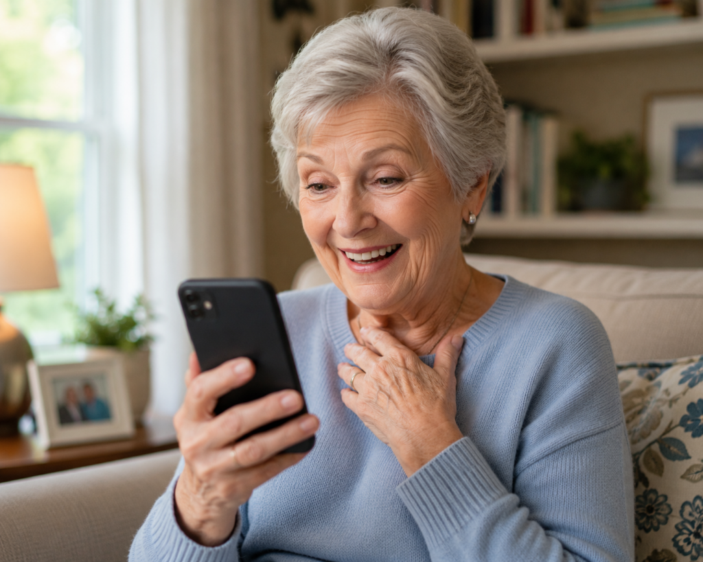 A woman with short grey hair appears pleased with what she's seeing on her cell phone. She wears a light blue sweater and is seated on a sofa in a home environment. There is a window to the left and a book case behind her in background.