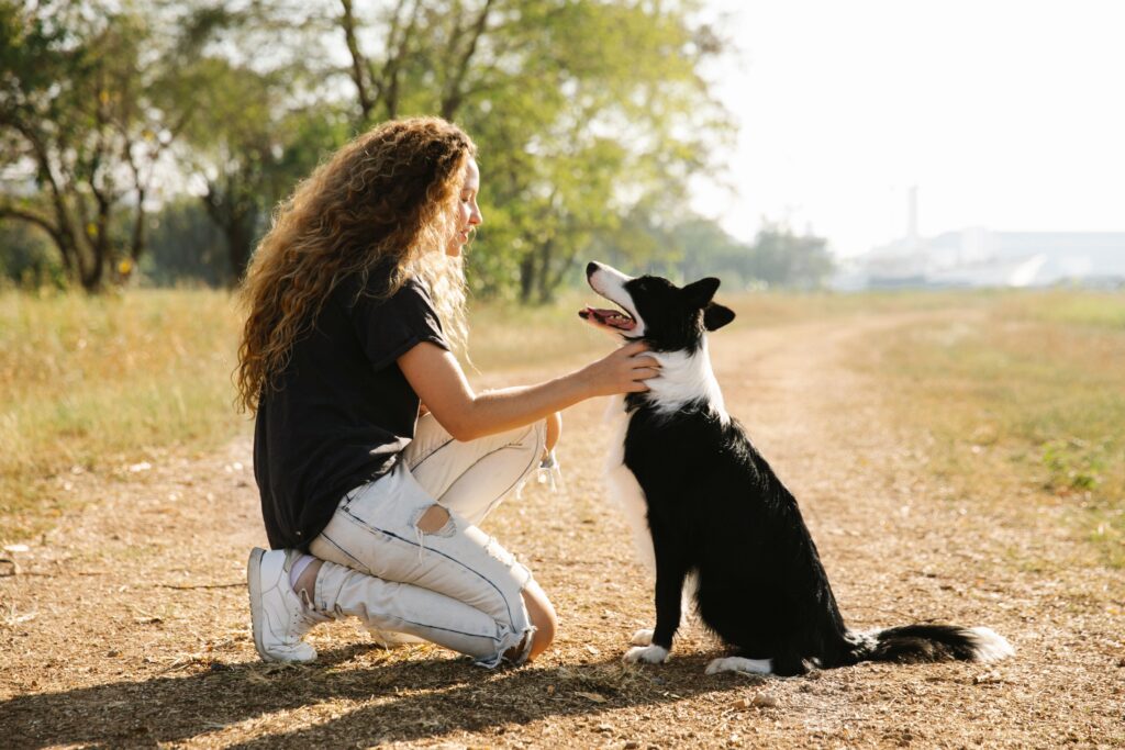 A woman with long brown curly hair kneels down to pet a black and white border collie. The wears a black T-shirt, jeans ripped at the knees and white tennis shoes. They rest along a dirt road in a clearing to the right and trees on the left. 