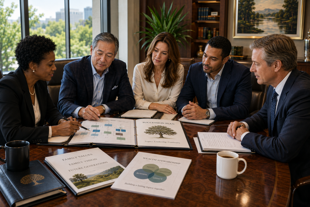 Five business professionals sit at a desk and look at business papers with charts and illustrations. From left is a black woman with short curly hair wearing a black business jacket and white shirt, pointing at the papers; an older Asian man wearing a navy blazer and light blue business shirt also points at the papers; younger woman with long brown hair wearing a cream colored dress shirt; a black young man wearing a navy blazer and light blue dress shirt; and a middle-aged white man wearing a dark suit coat, white dress shirt and dark tie. An office setting is in the background.