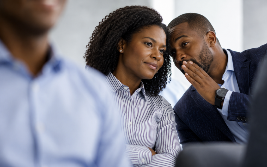 A man whispers to the woman sitting next to him