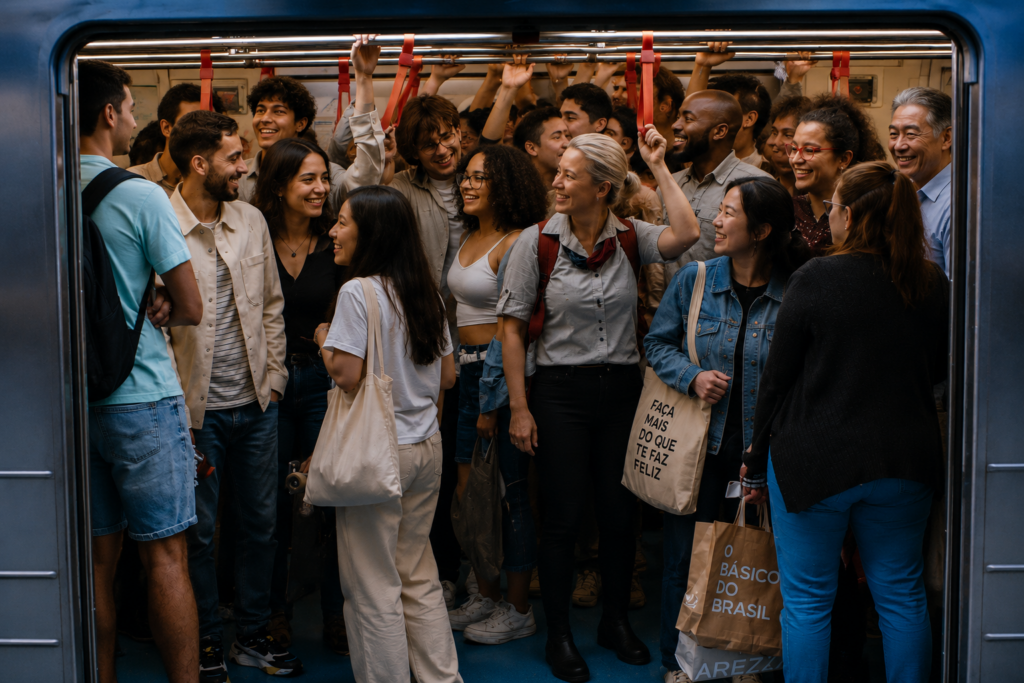 A crowd of people smile in a subway car
