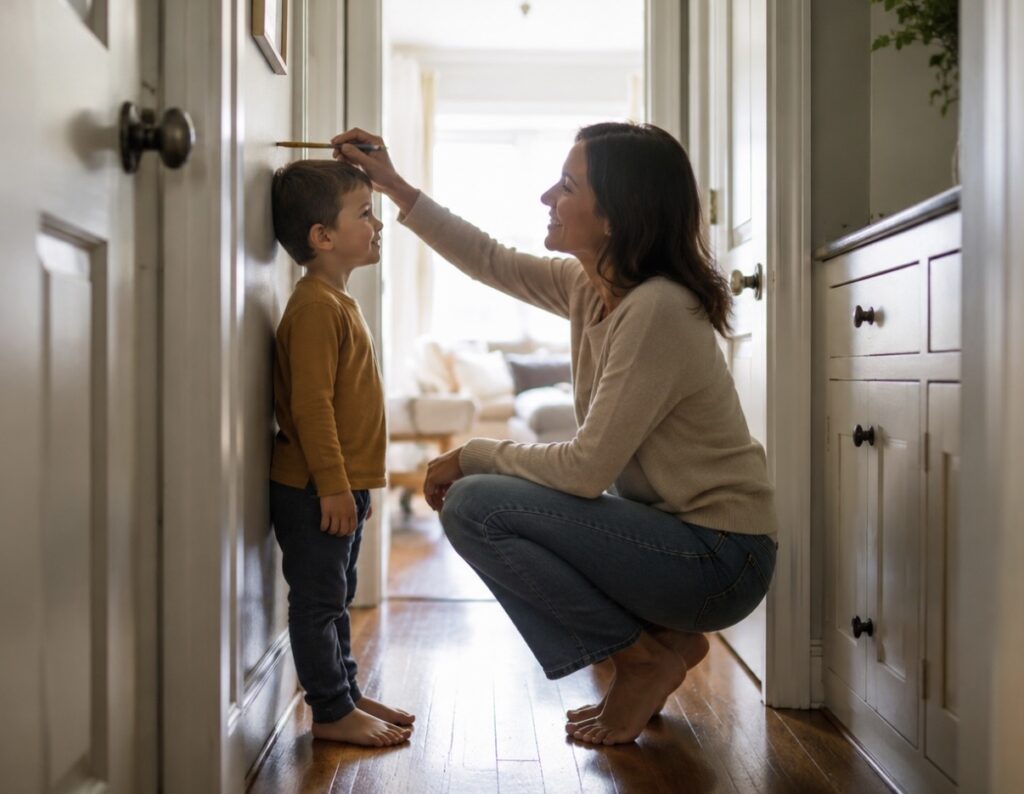 A mother measures a child's height against a wall